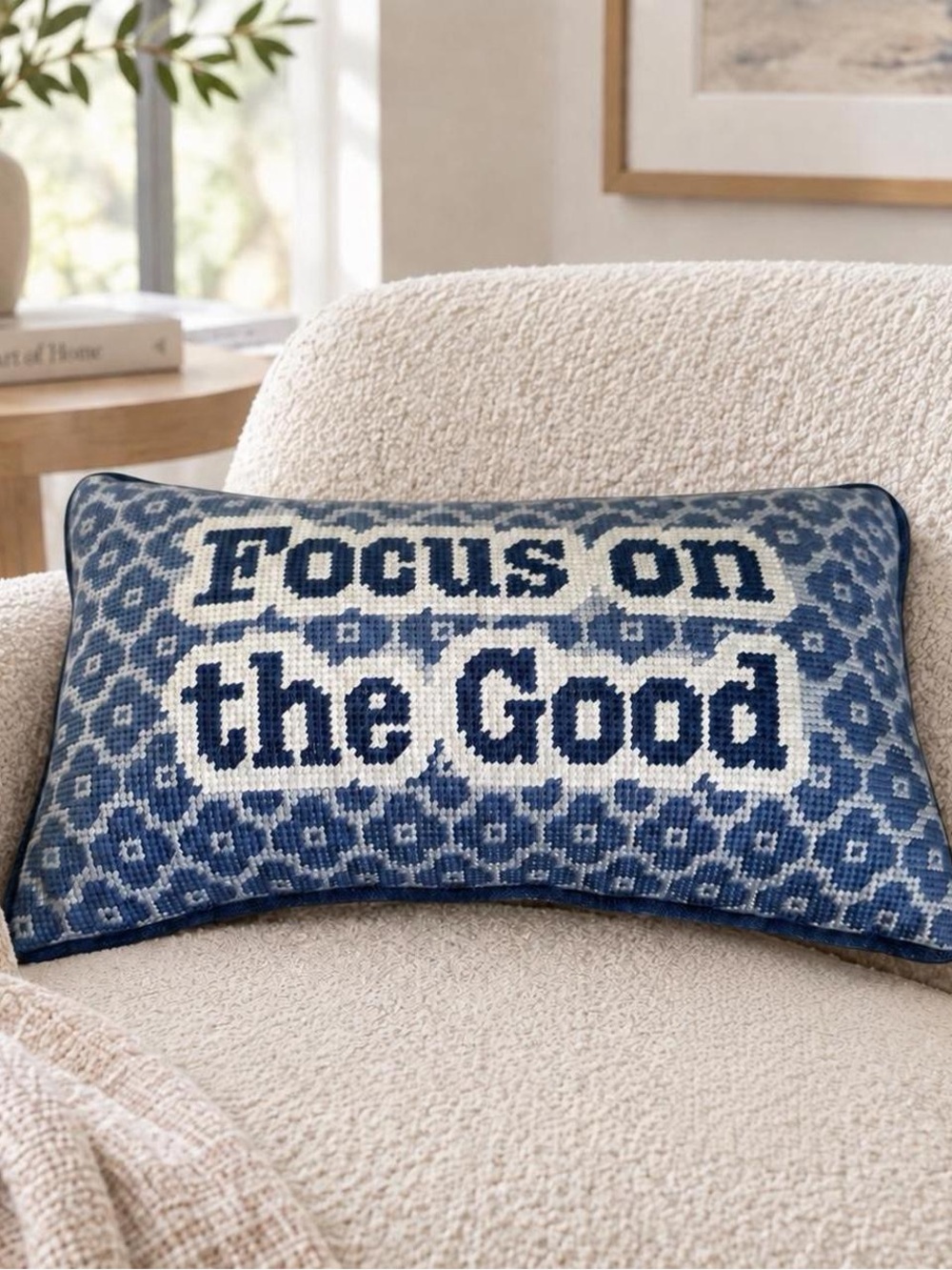 Focus on the Good Blue Floral Needlepoint Lumbar Pillow 9x15